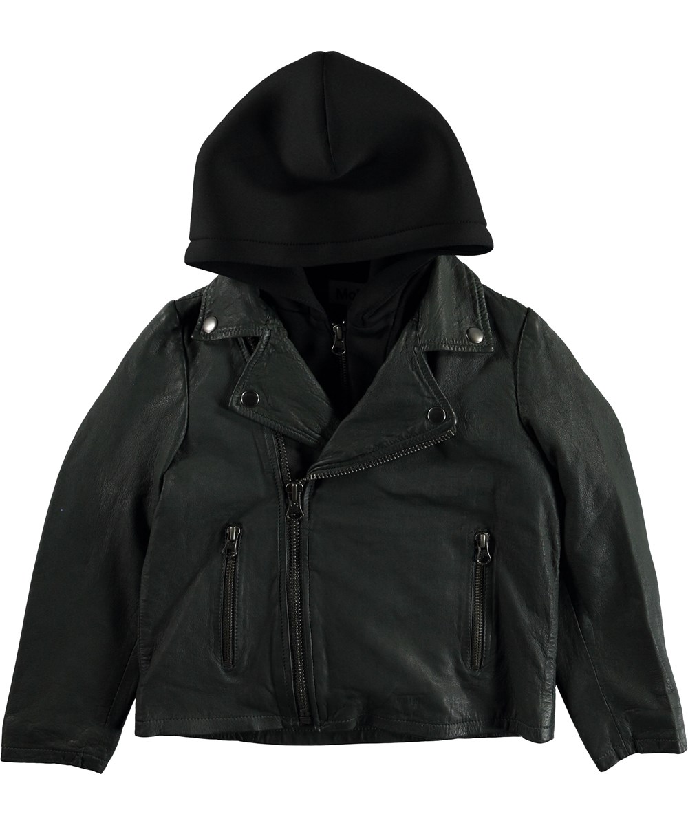 Holtti - Pine Green - Donkergroen leren jas met capuchon.