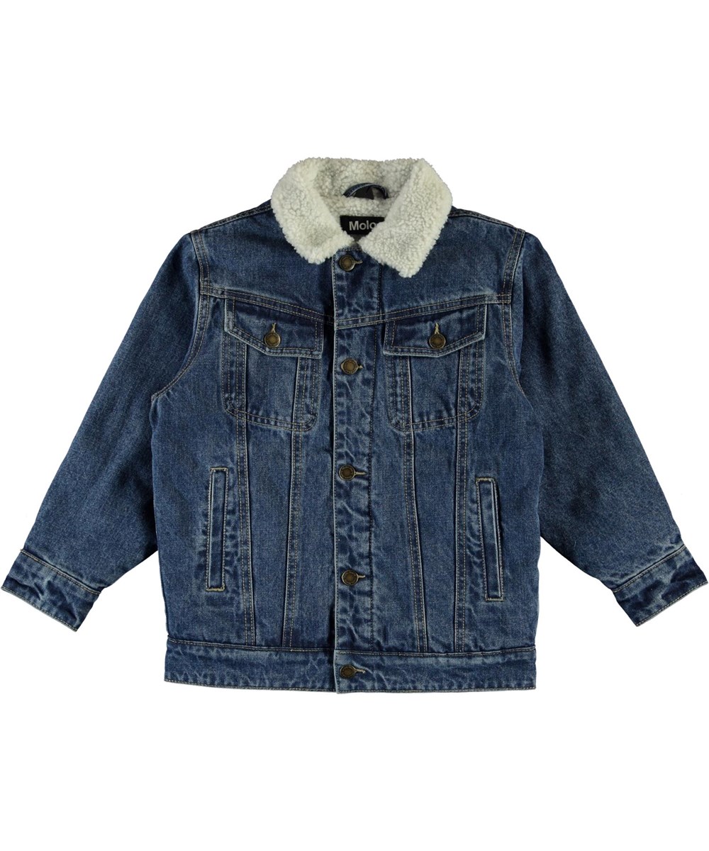 Hen - Stone Blue - Blå denim jakke med hvidt for