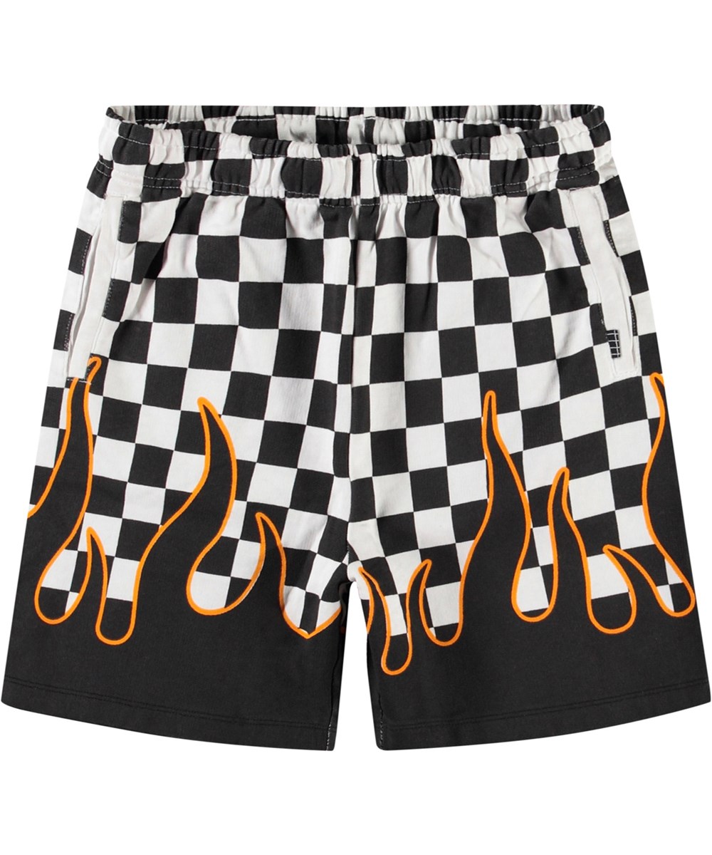 Amil - Check On Fire - Shorts i økologisk bomuldsjersey med print af motocross, tern og flammer til børn.