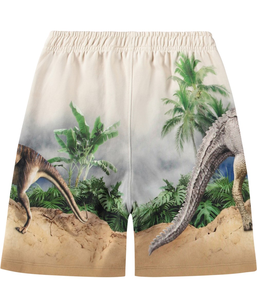 Amil - Hot Spring Dinos - Beige og blå shorts i økologisk bomuldsjersey med dinosaurer print til børn