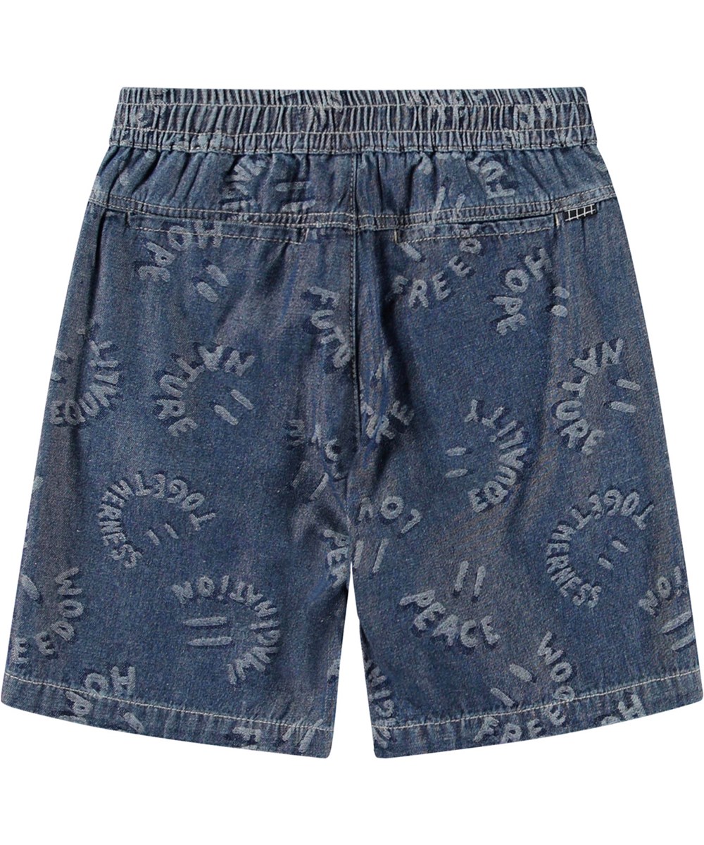 Arrow - Word Smiles - Blå denimshorts i økologisk bomuld med jacquardvævet mønster til børn.