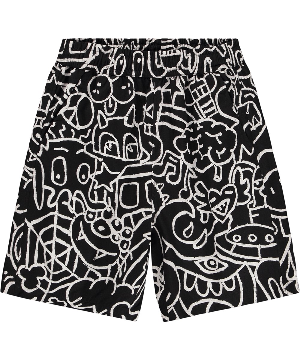 Avart - Net Doodle Dark - Sorte knælange shorts i økologisk bomuld til børn