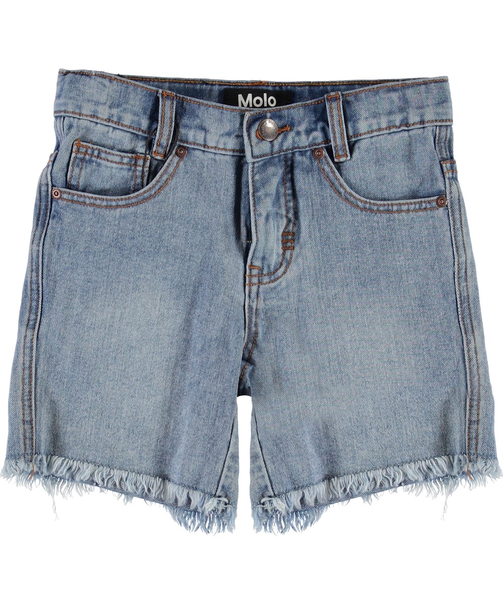 Avian - Stone Blue - Blå denim shorts med rå kanter