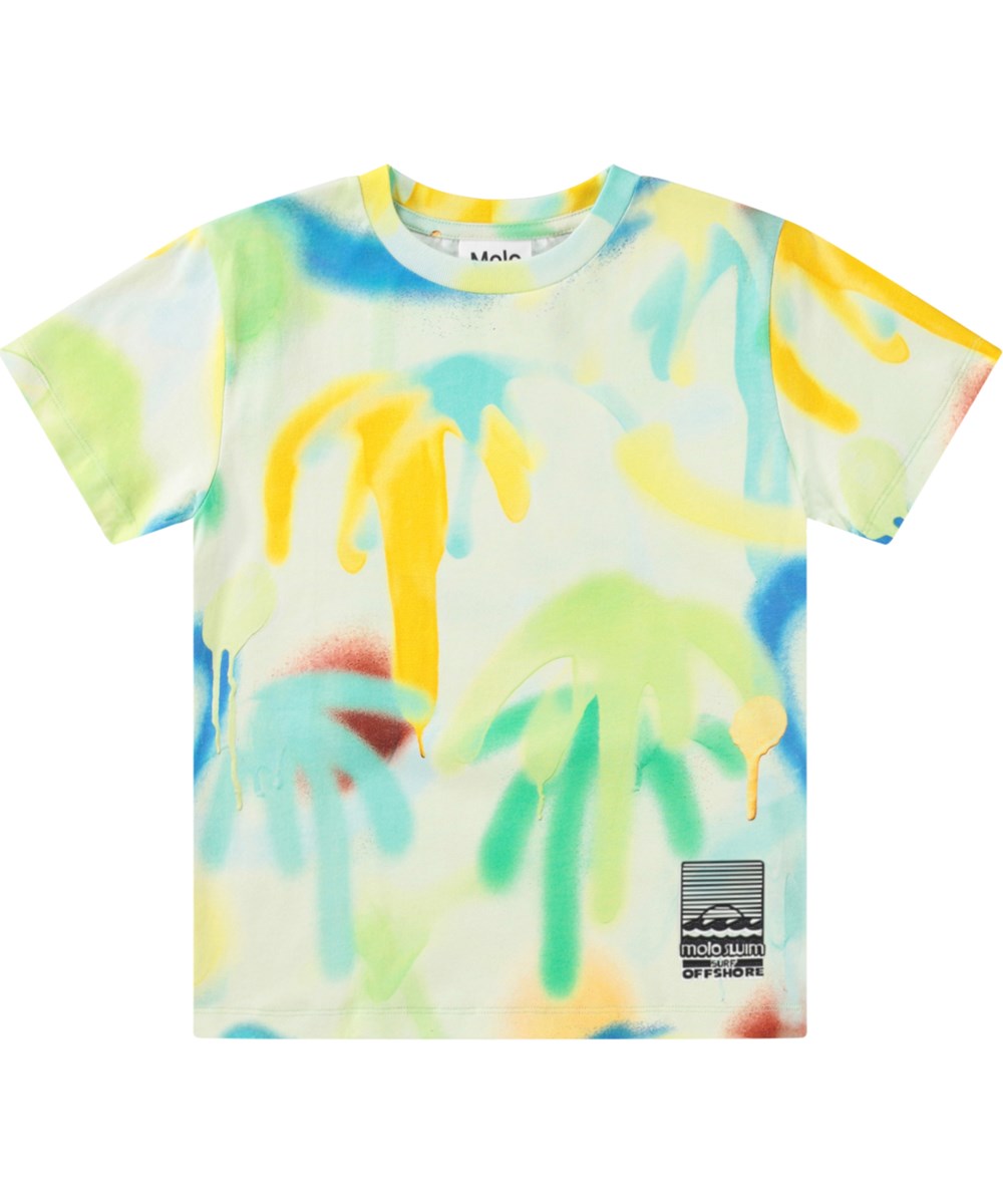 Rame - Palmtree Spray - Lys t-shirt i økologisk bomuld med farverigt print af palmer og hjerter