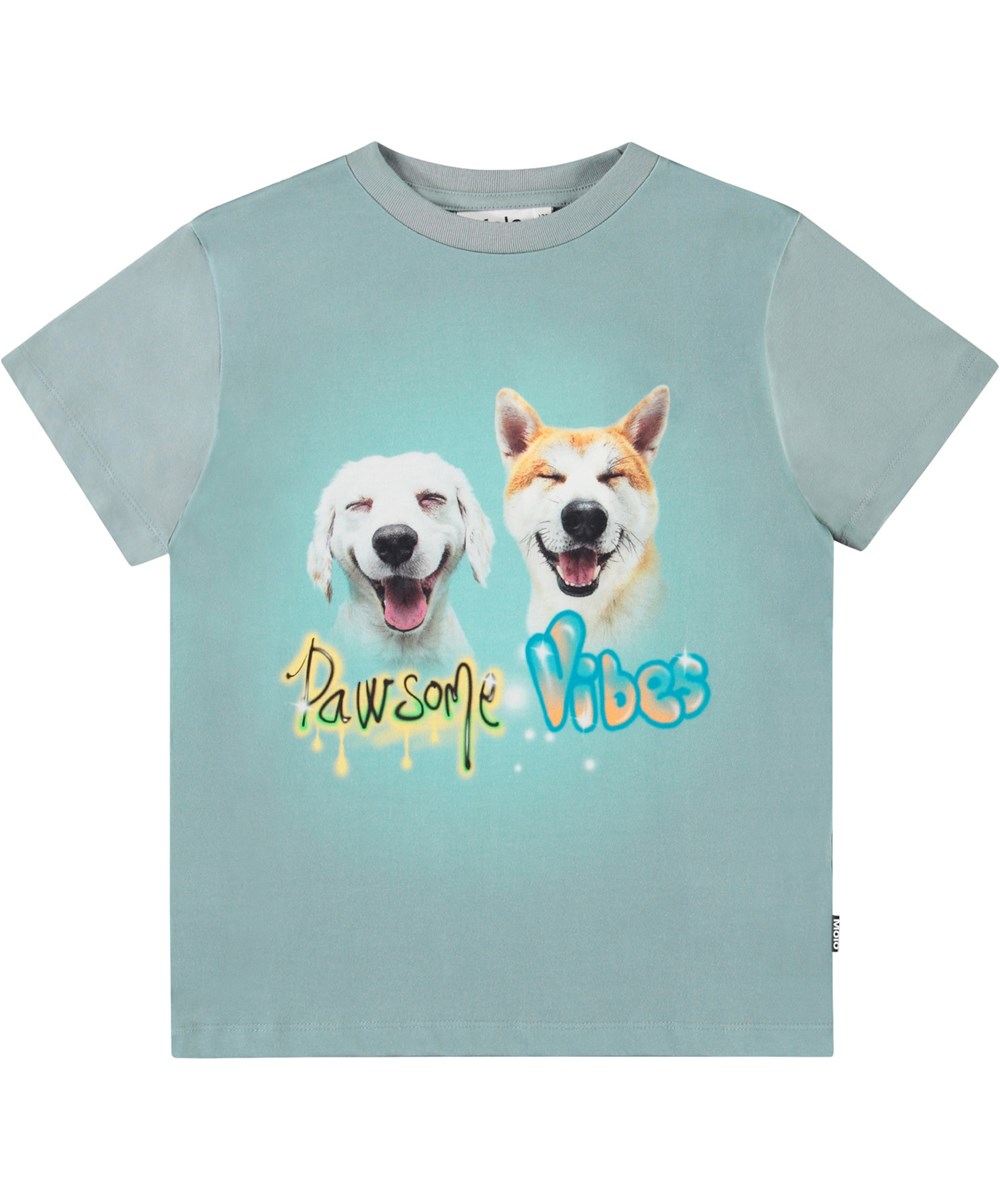 Rame - Pawsome Vibes - Blå t-shirt med print til børn i blødt økologisk bomuld med ribkant i halsen.