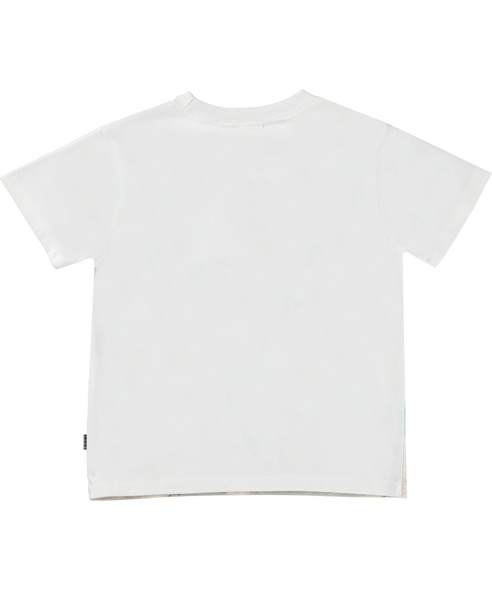 Rame - Sunrise Surfer - Hvid t-shirt i økologisk bomuld med print af surfboards og palmer