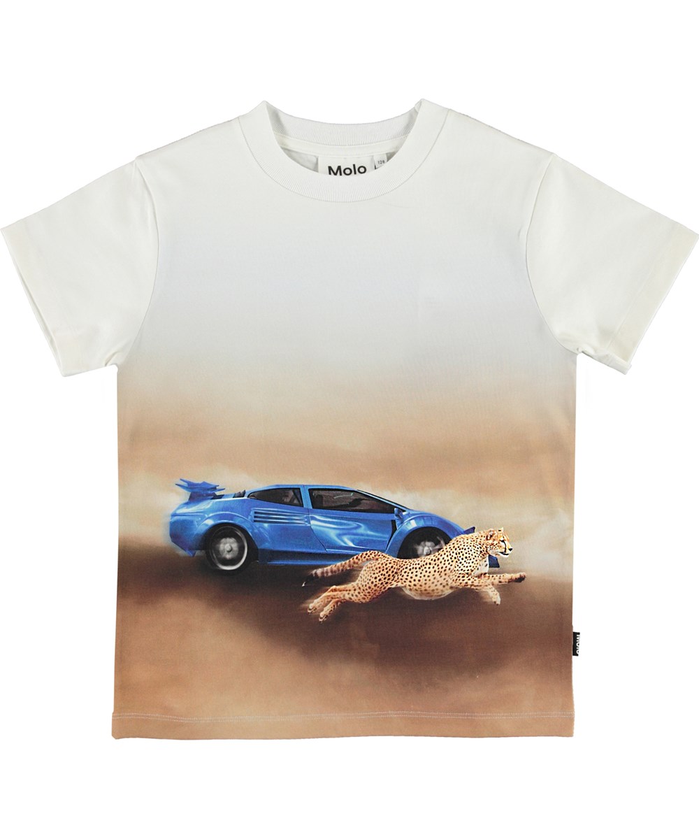 Rame - Car Race Cheetah - Hvid t-shirt med racer bil og gepard print.
