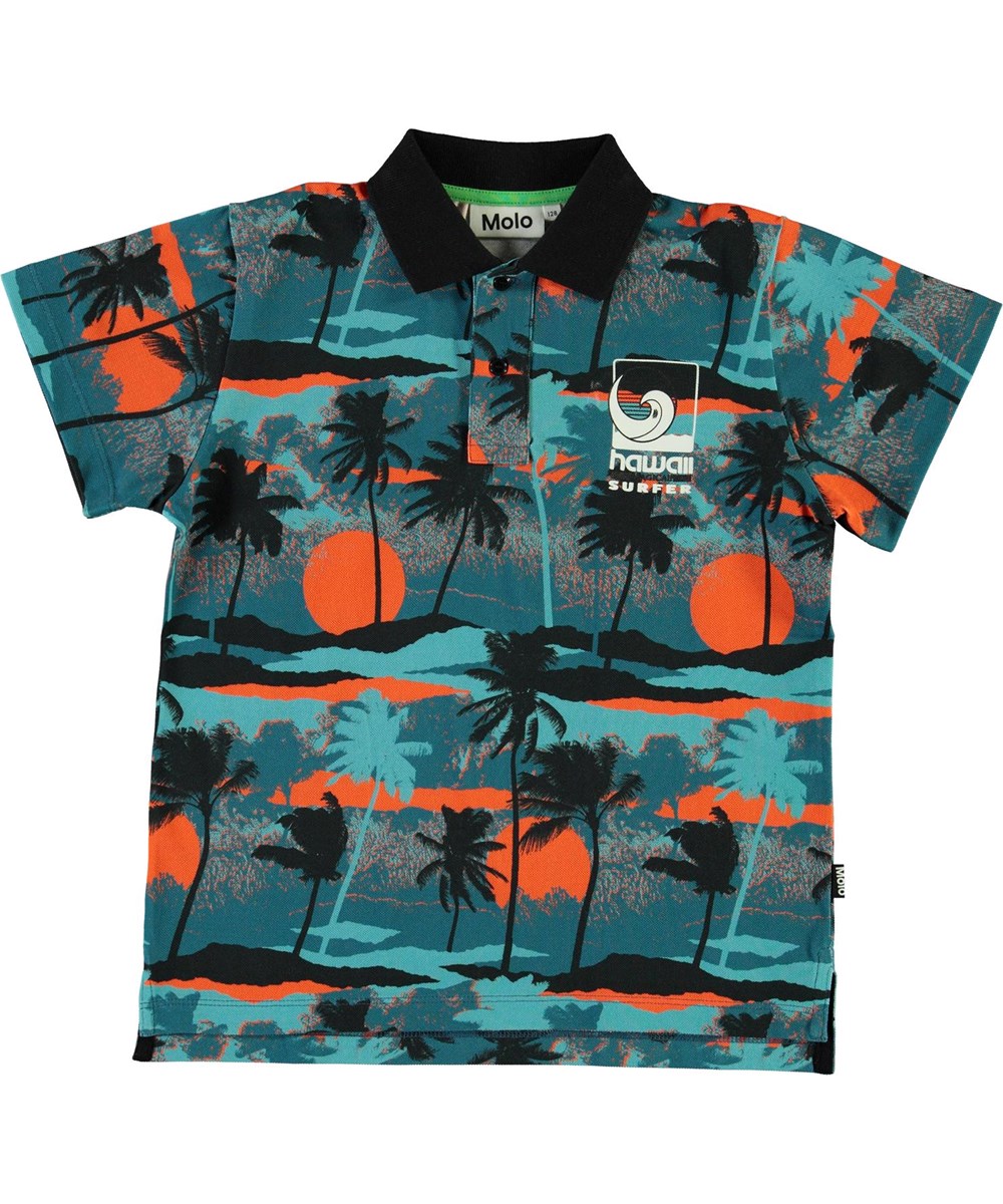 Ramon - Palm Trees Blue - Økologisk blå polo palme t-shirt