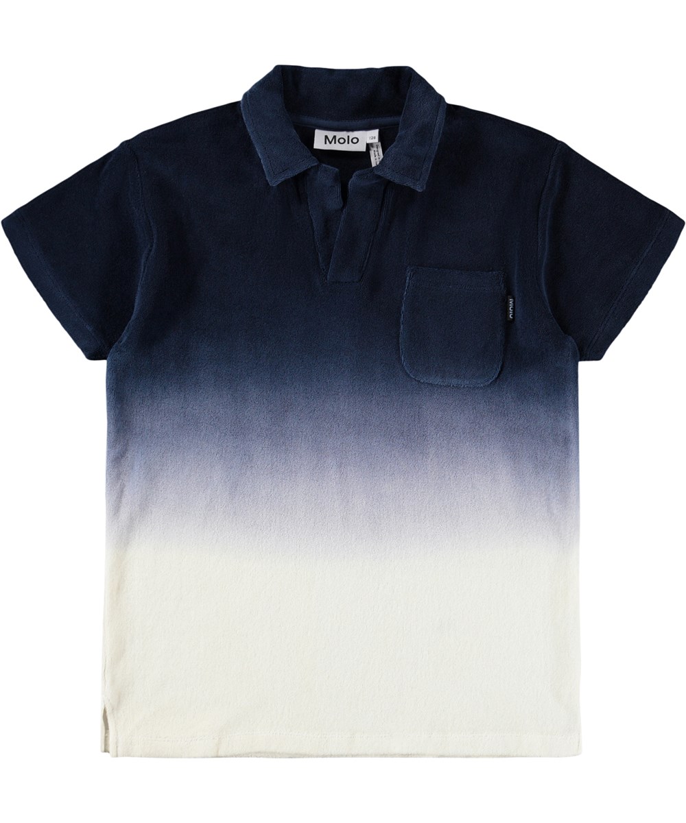 Randel - Sailor - Blå/hvid polo t-shirt til børn i økologisk bomuldsfrotté med korte ærmer og krave.