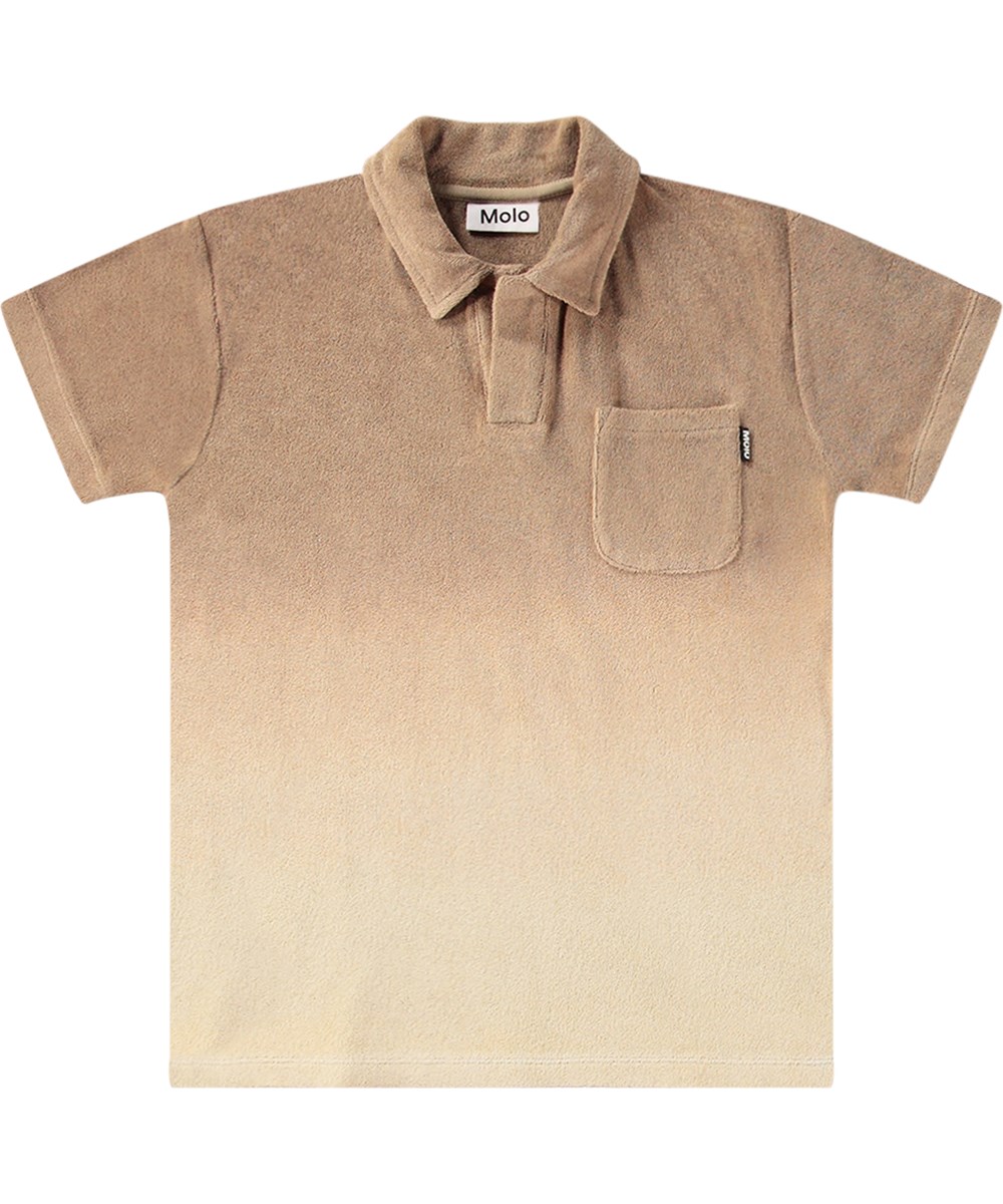 Randel - Sandalwood - Brun og beige t-shirt til børn i økologisk bomulds frotté med korte ærmer og krave.