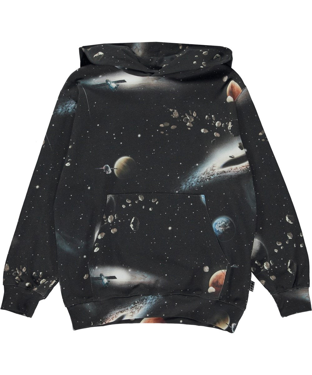 Ratata - Make Space - Sort økologisk hættetrøje i allover space print