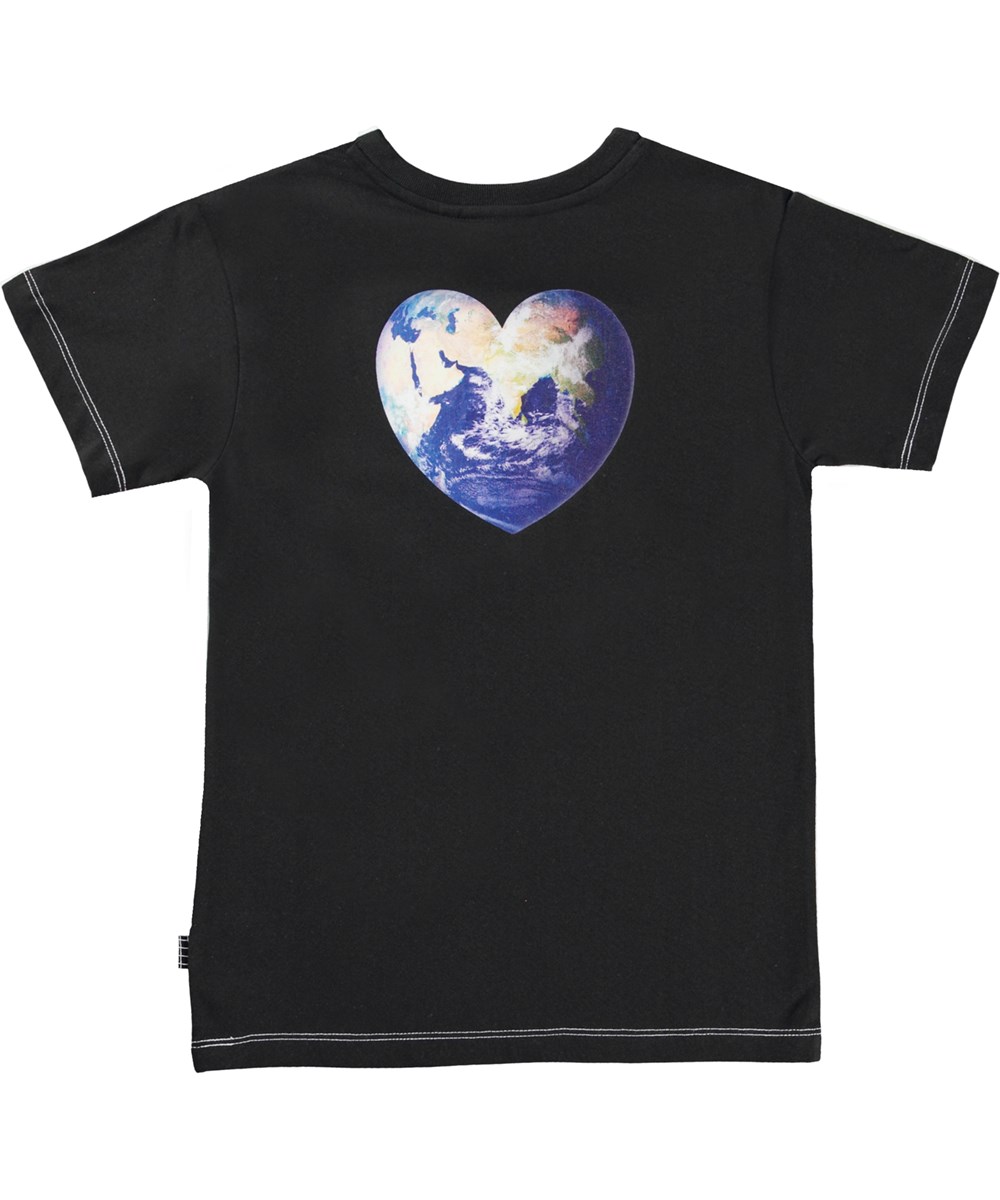 Raul - Earth Kindness - Hvid og sort t-shirt i økologisk bomuld med print af peacetegn og hjerte