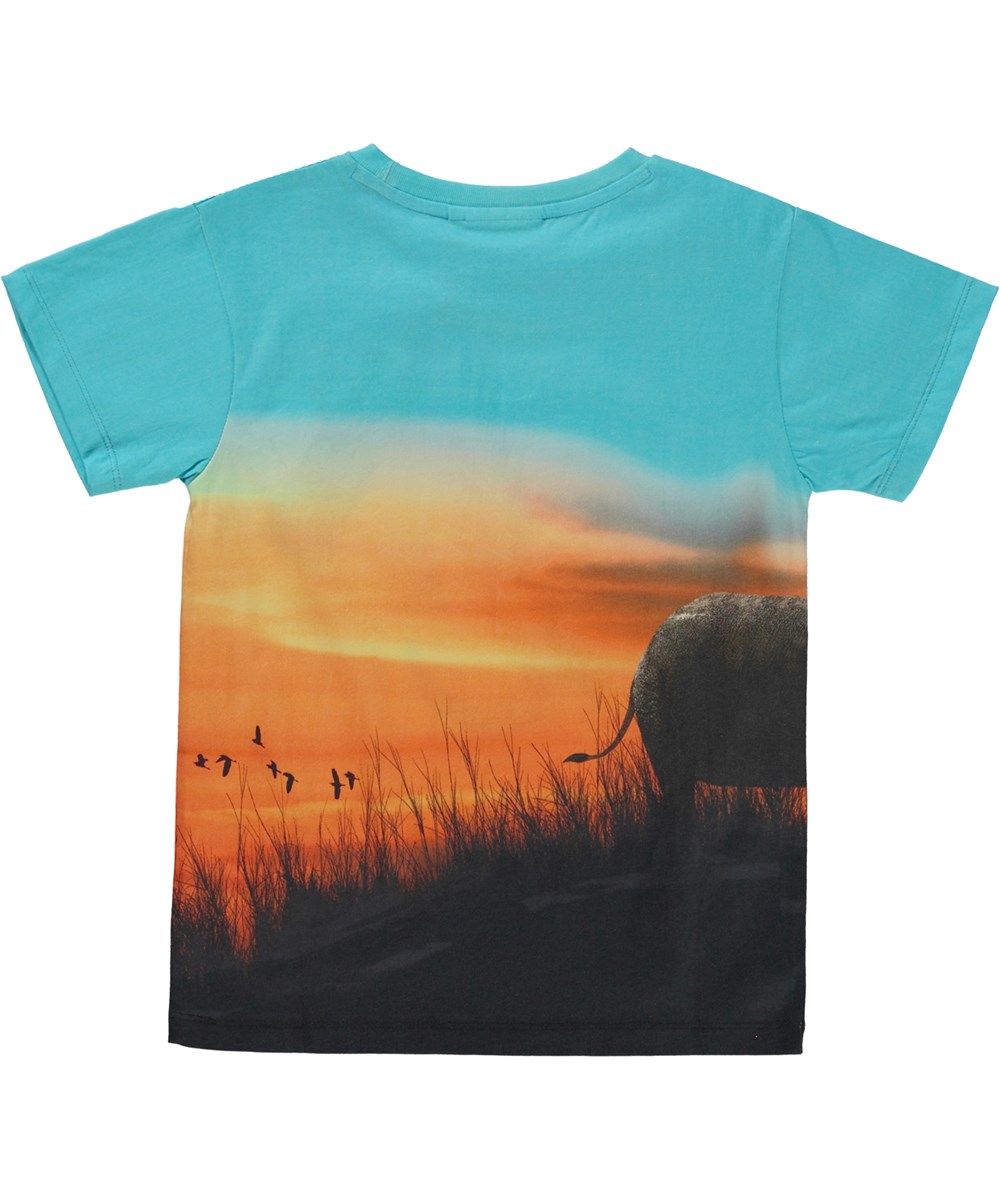 Raul - Happy Sun - Blå t-shirt med print af en sol og en elefant