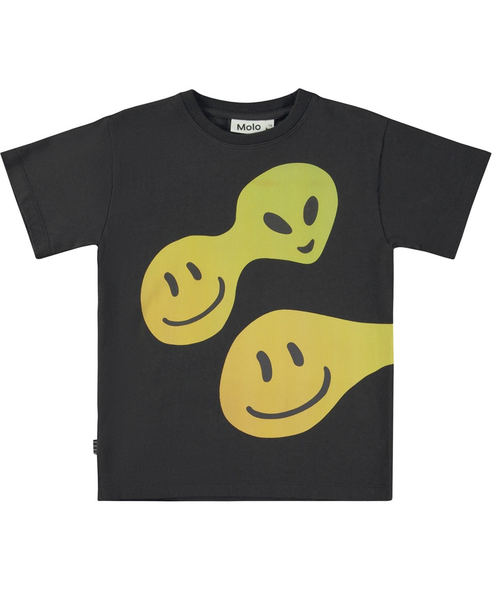 Raveno - Connected Smile - Sort økologisk t-shirt med glade ansigter og rumvæsner