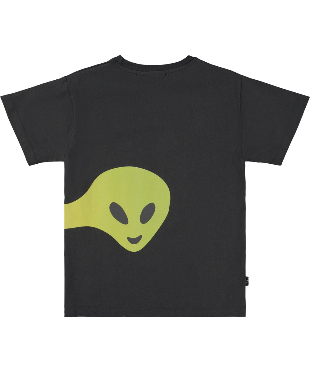 Raveno - Connected Smile - Sort økologisk t-shirt med glade ansigter og rumvæsner