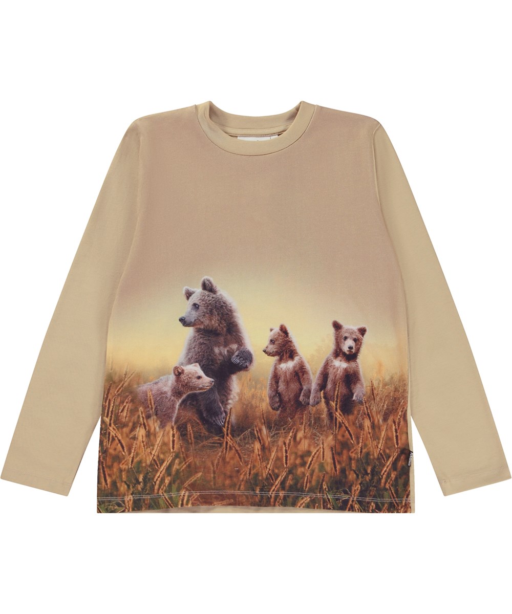 Reif - Bear Life - Beige økologisk langærmet t-shirt med bjørneprint