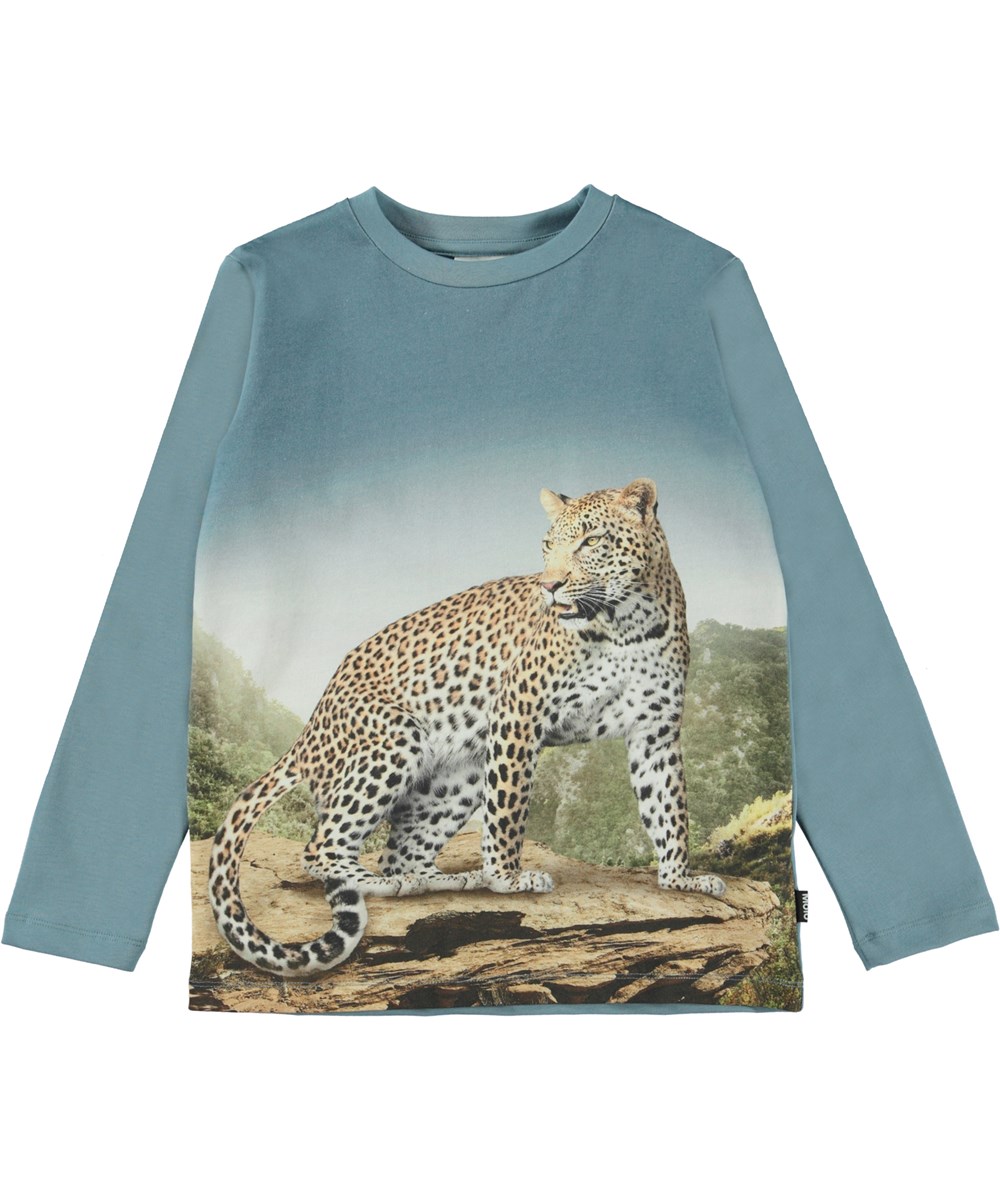 Reif - Mountain Leopard - Blå økologisk t-shirt med bjerg leopard print