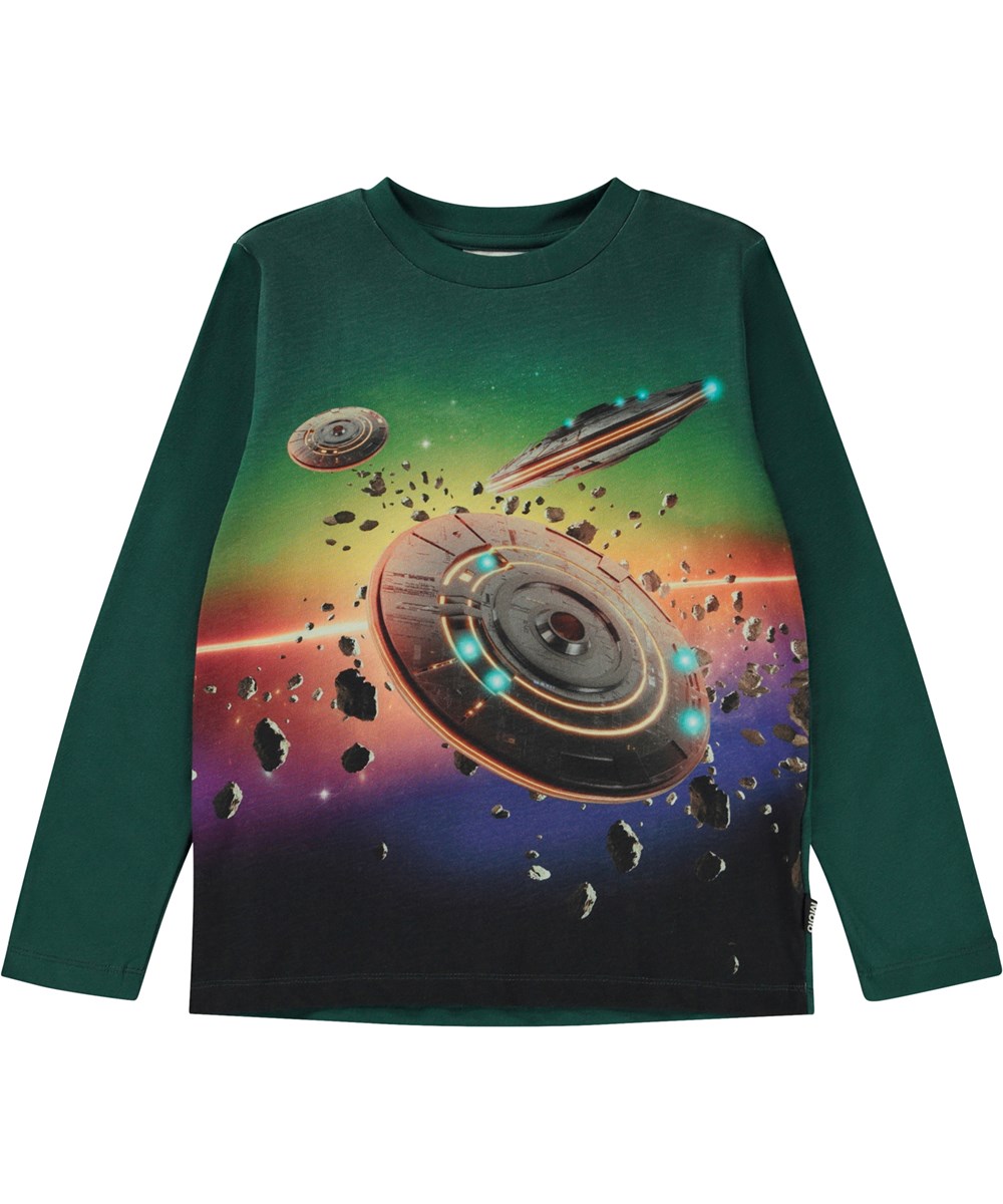 Reif - Rainbow Space - Grøn økologisk langærmet t-shirt med UFO frontprint