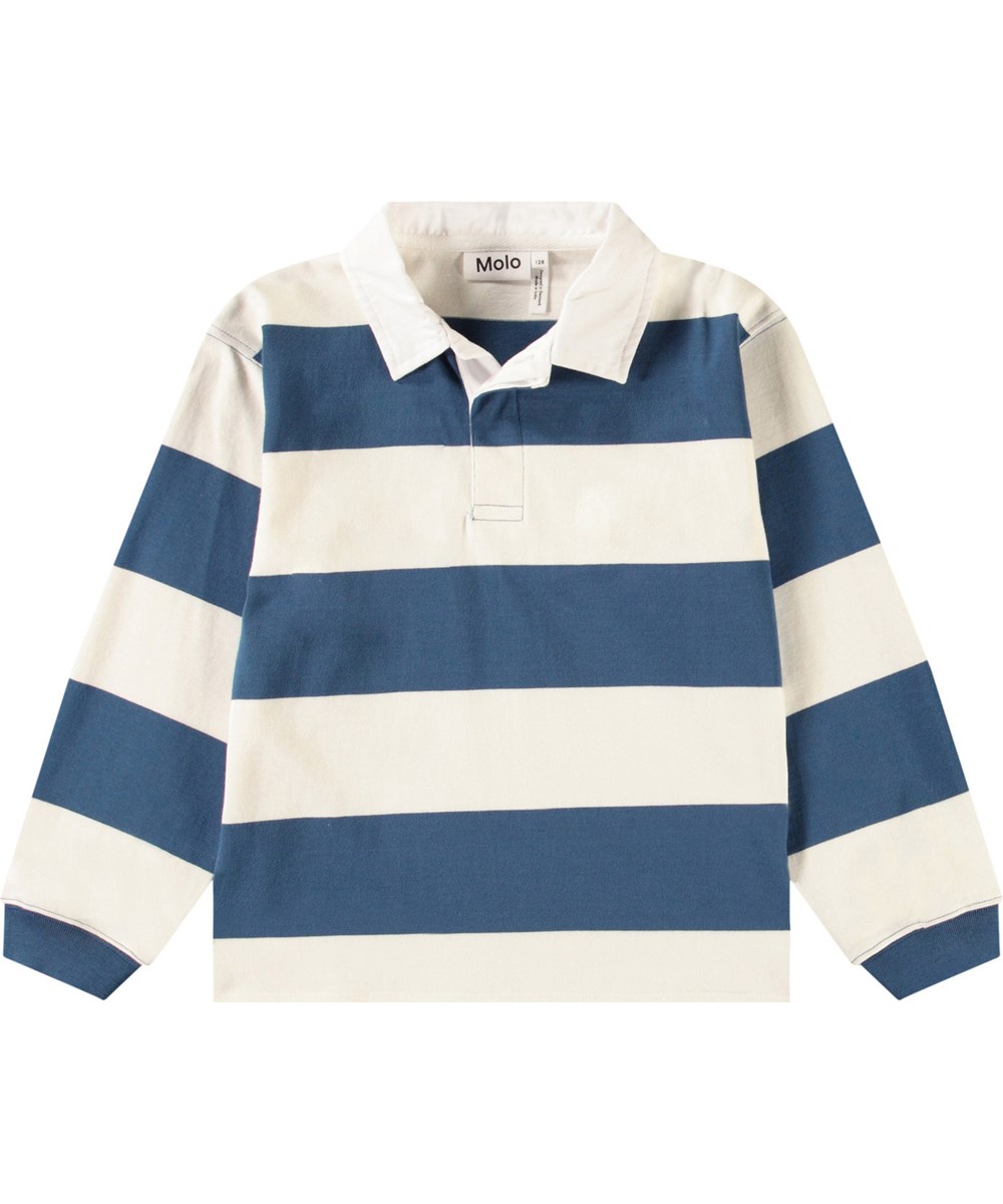 Relz - Blue Stripe - Bredstribet blå og hvid rugbytrøje til børn i blødt økologisk bomuld.
