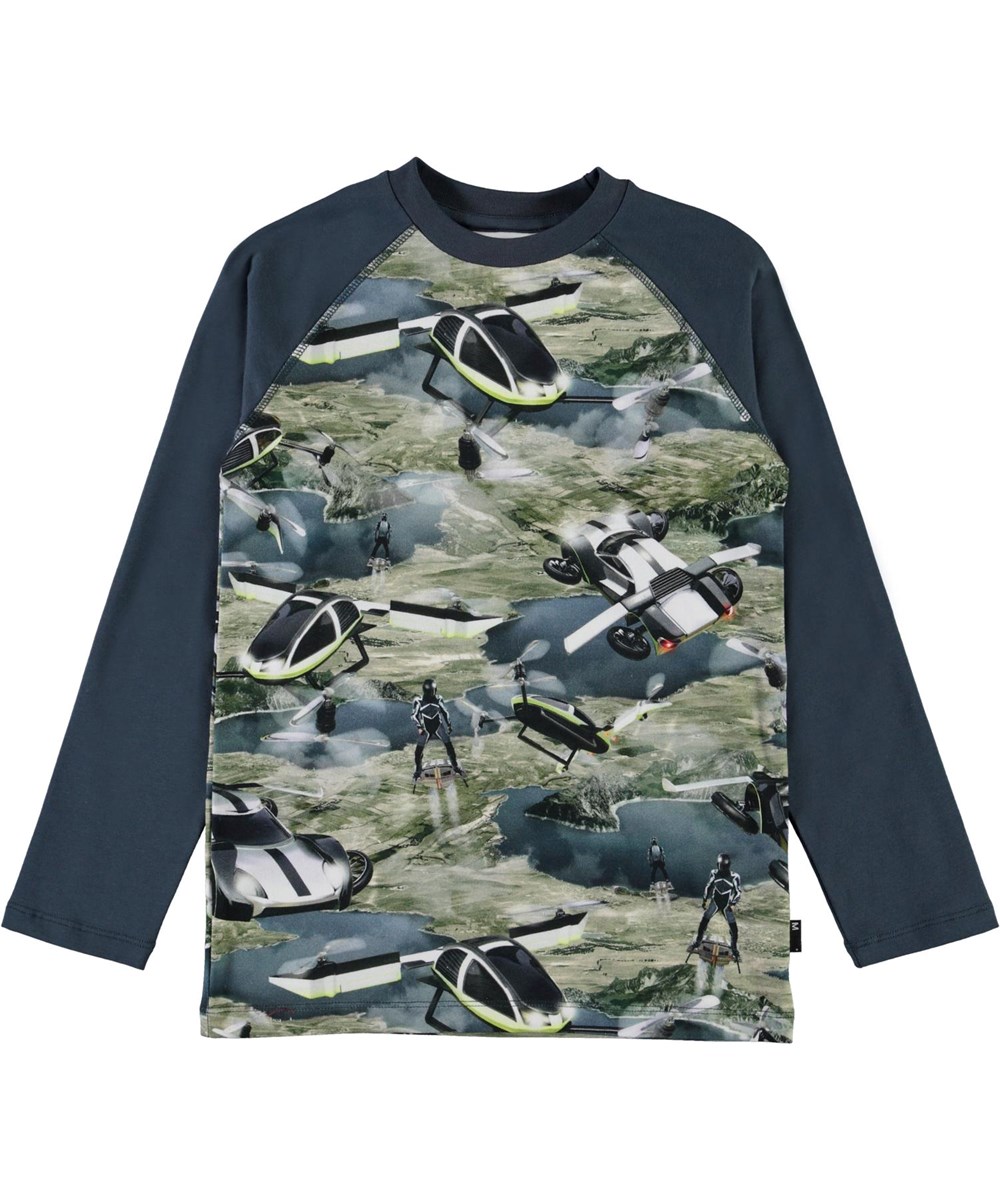 Remington - Up In The Air - Økologisk blå bluse med flyvende biler