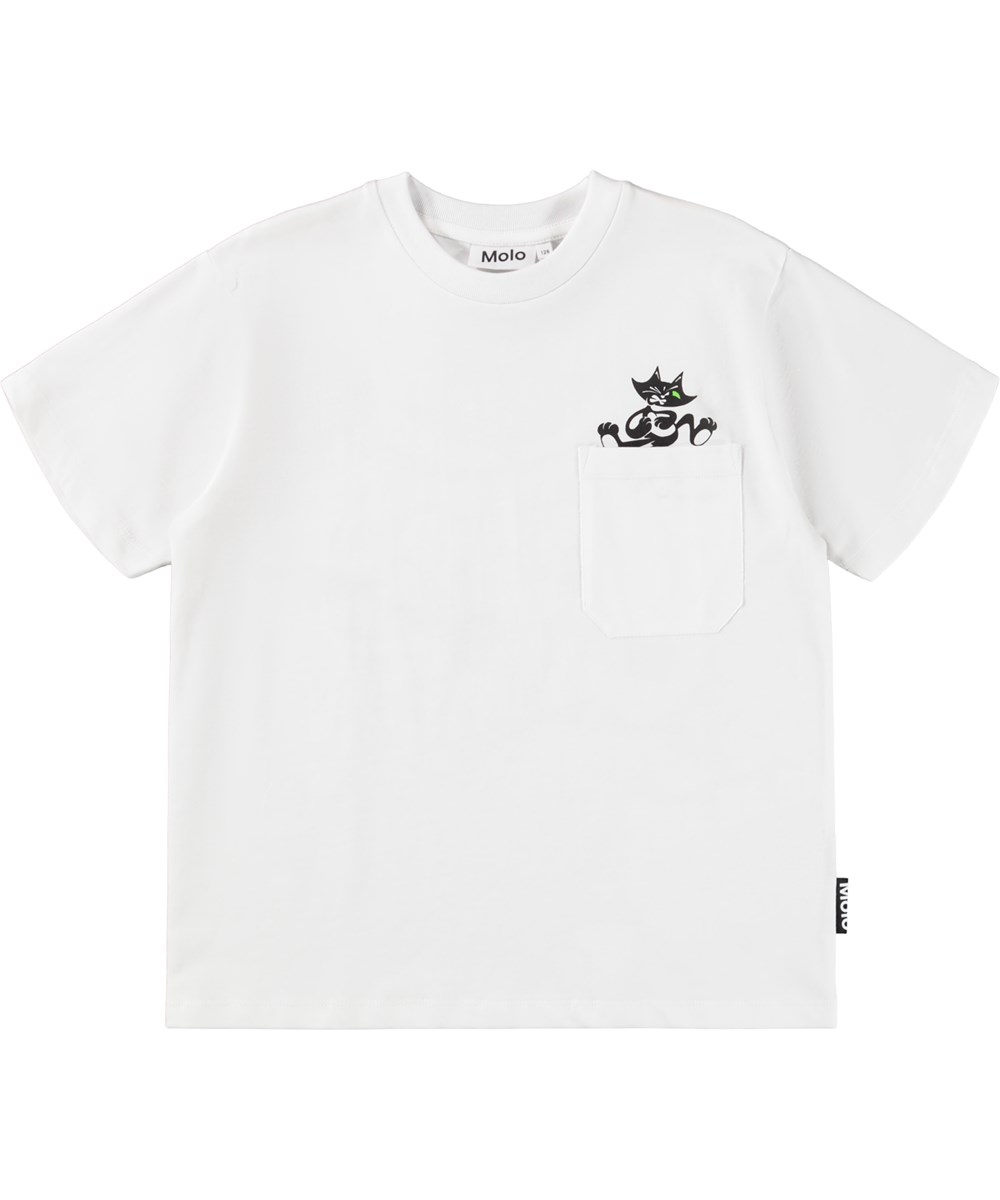 Rickey - Crisp White - Hvid t-shirt i blødt økologisk bomuld med korte ærmer og ribkant i halsen og et rygprint af en kat på skateboard og teksten `sCATing´.