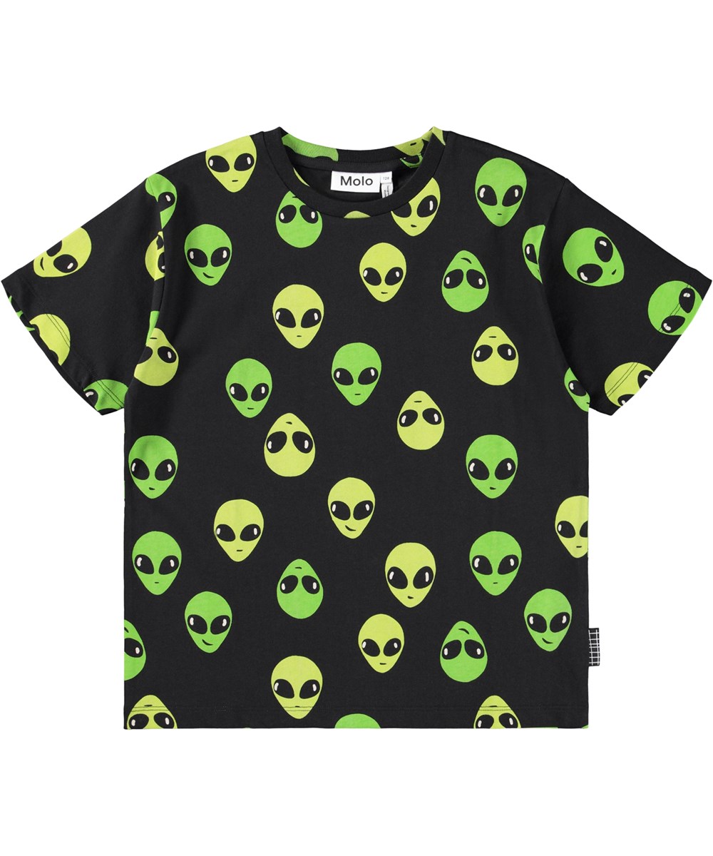 Riley - Alien Faces - Sort t-shirt til børn med print i blødt økologisk bomuld med korte ærmer og ribkant i halsen.