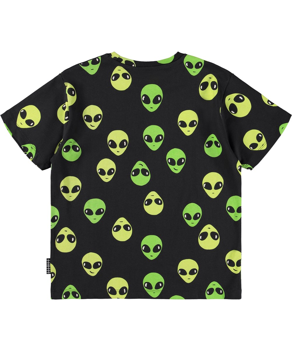 Riley - Alien Faces - Sort t-shirt til børn med print i blødt økologisk bomuld med korte ærmer og ribkant i halsen.