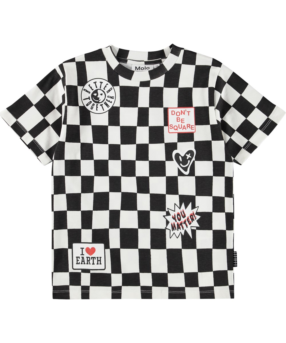 Riley - Angled Checks - Sort og hvid ternet t-shirt i økologisk bomuld til børn