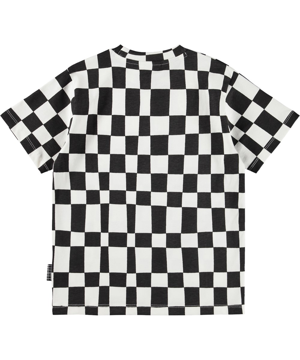 Riley - Angled Checks - Sort og hvid ternet t-shirt i økologisk bomuld til børn