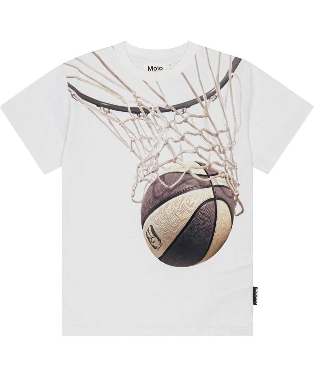 Riley - Basket Net - Hvid økologisk t-shirt med placeret basketballprint