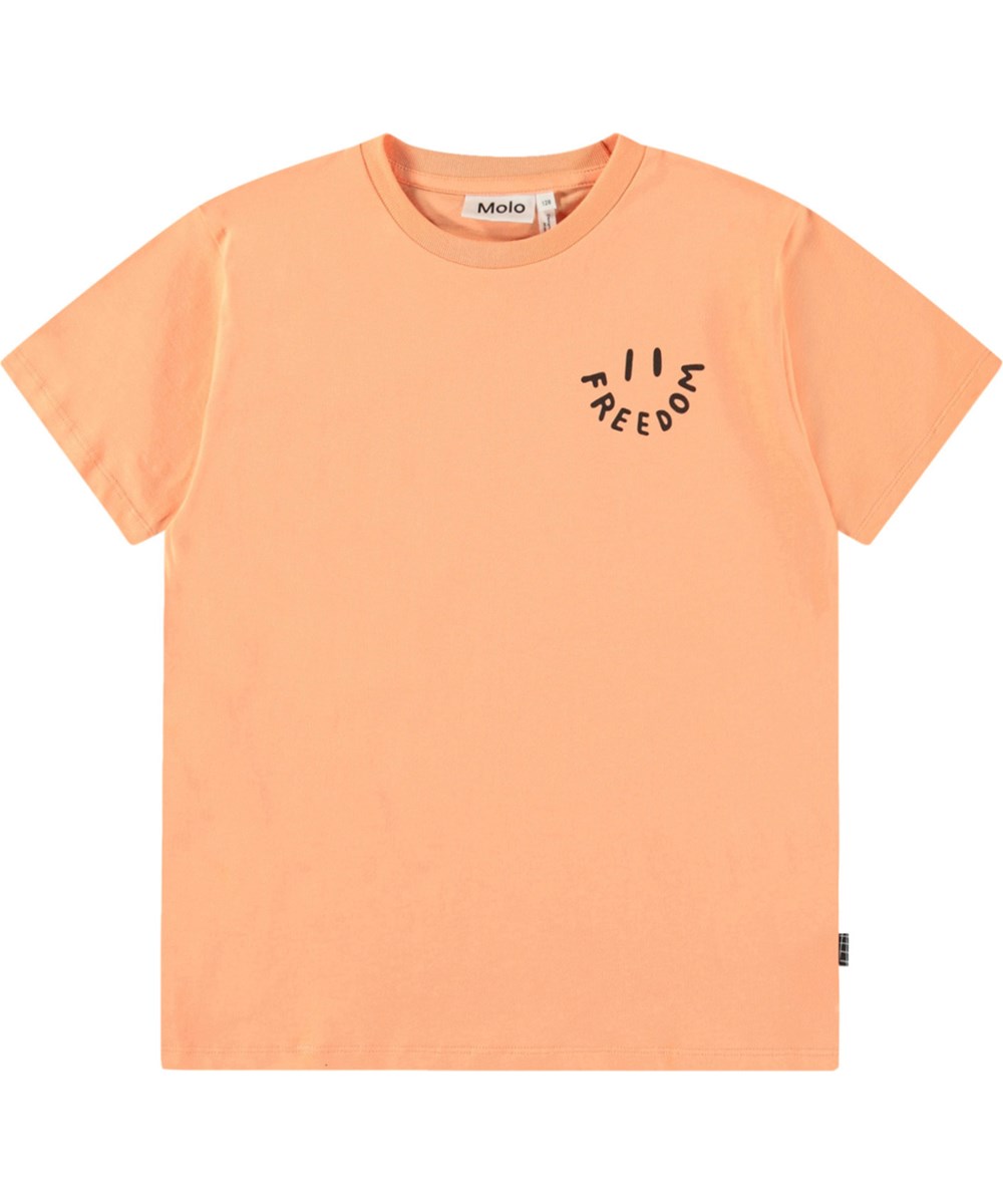 Riley - Cantaloupe - Orange t-shirt med print til børn i blødt økologisk bomuld med korte ærmer og ribkant i halsen.