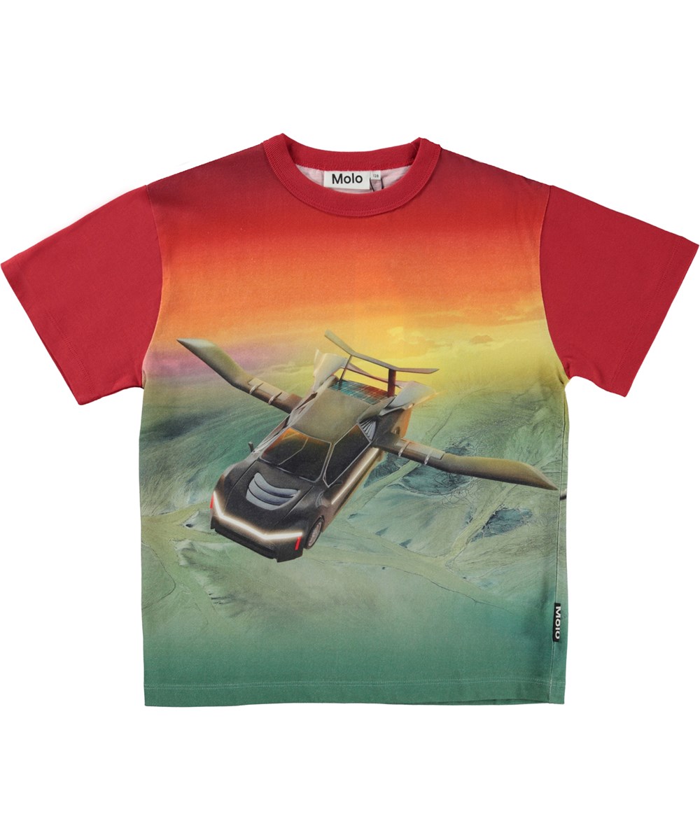 Riley - Cars Flying - Rød økologisk t-shirt med flyvende bil print