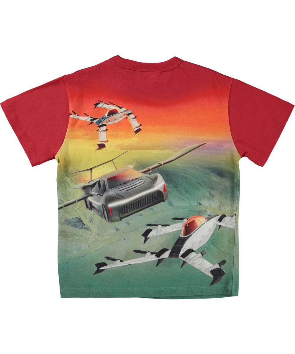 Riley - Cars Flying - Rød økologisk t-shirt med flyvende bil print