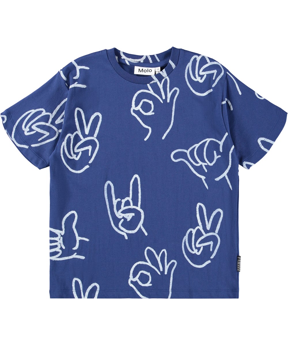 Riley - Handdrawn - Blå t-shirt til børn med print i blødt økologisk bomuld med korte ærmer og ribkant i halsen.