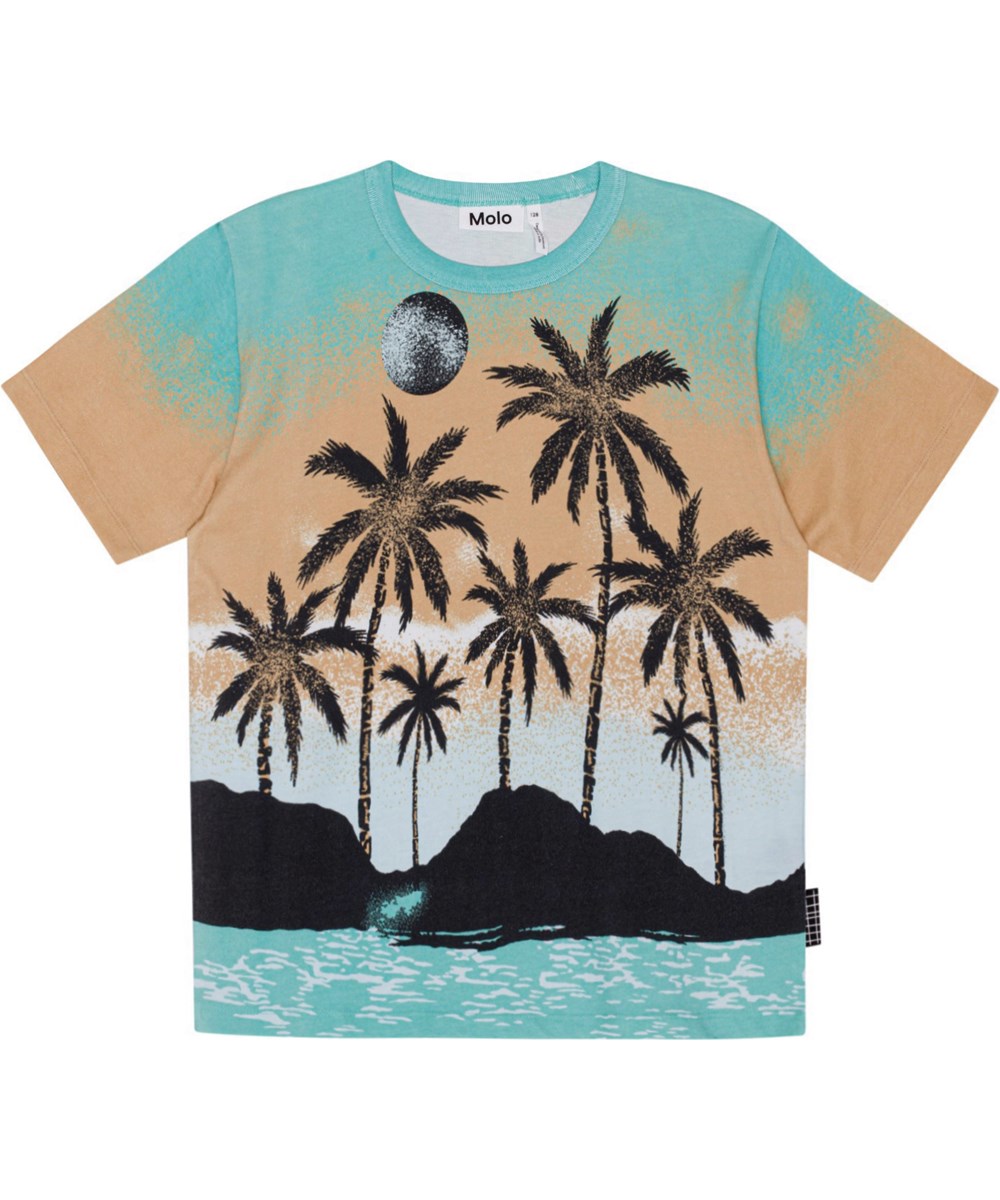 Riley - Holiday Island - Sandfarvet og turkis økologisk t-shirt med Hawaii placementprint