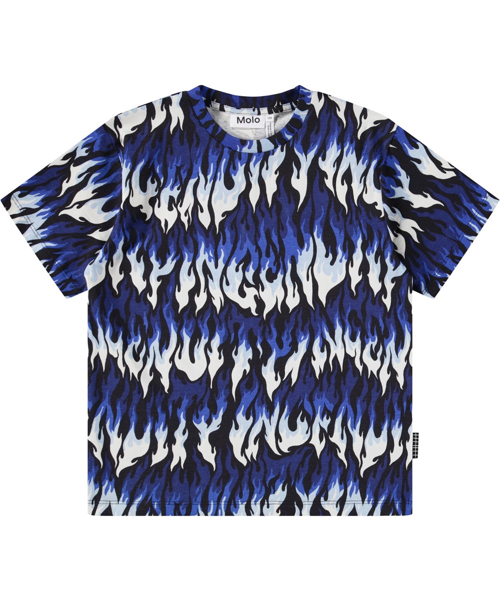 Riley - Ingenuity Cool - Blå og hvid flamme t-shirt til børn med print i blødt økologisk bomuld med korte ærmer og ribkant i halsen.