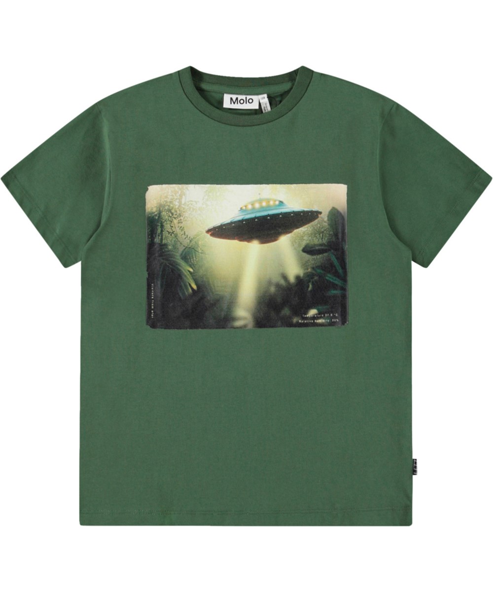 Riley - Jungle UFO - Mørkegrøn t-shirt med print til børn i blødt økologisk bomuld med korte ærmer og ribkant i halsen.
