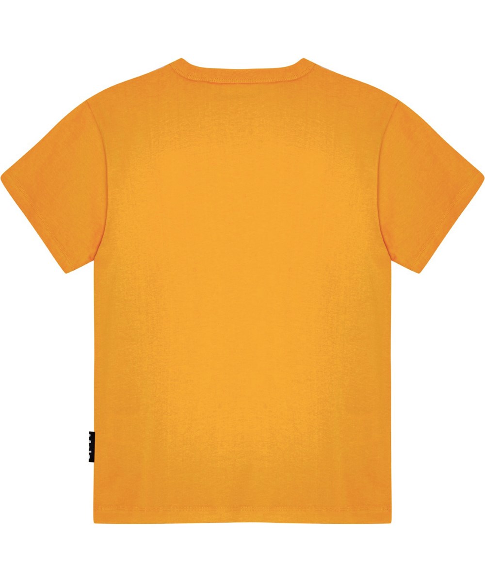 Riley - Playful Dinosaur - Orange t-shirt i økologisk bomuld med dino print