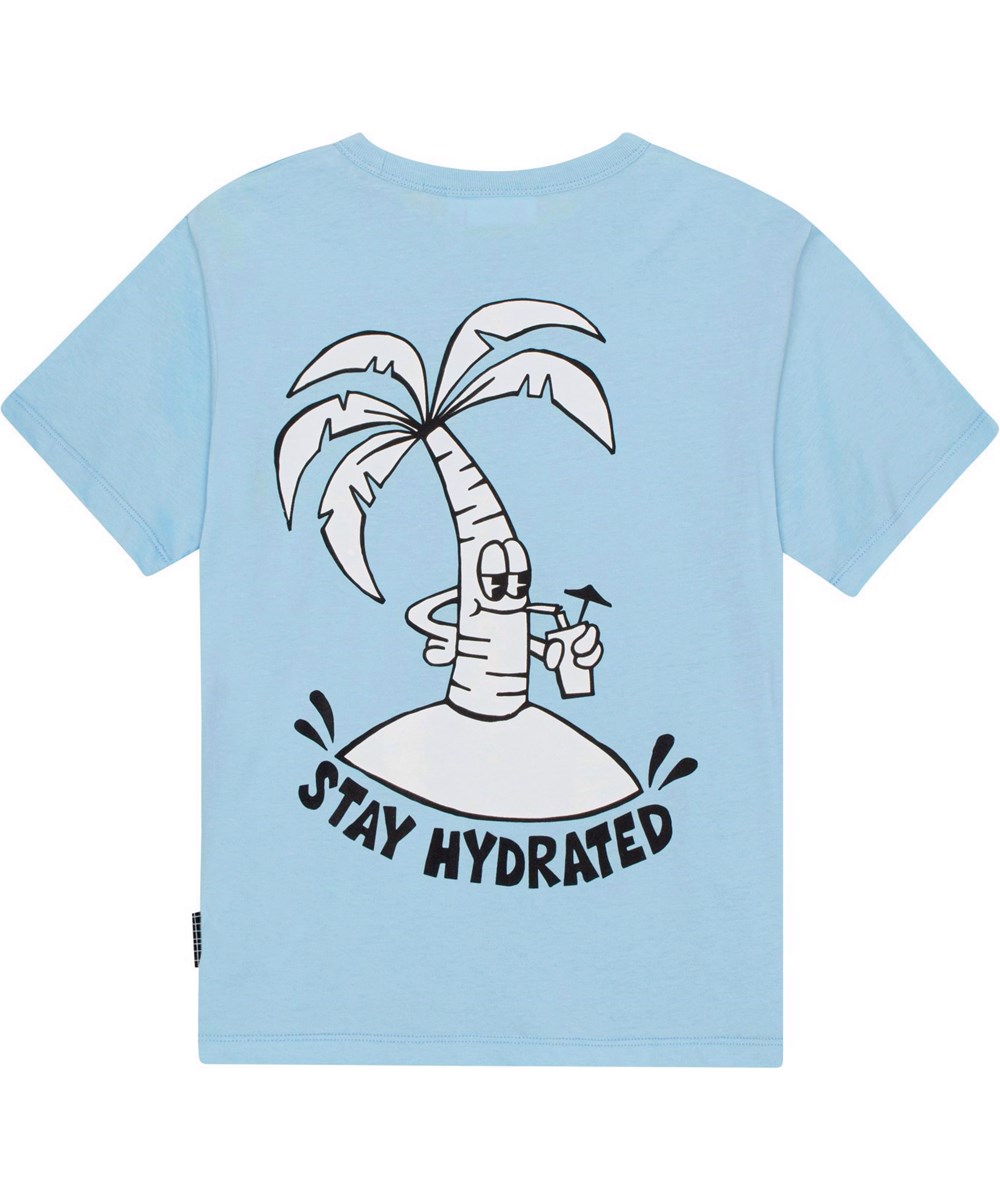 Riley - Stay Hydrated - Lyseblå økologisk t-shirt med tegnet palmeprint