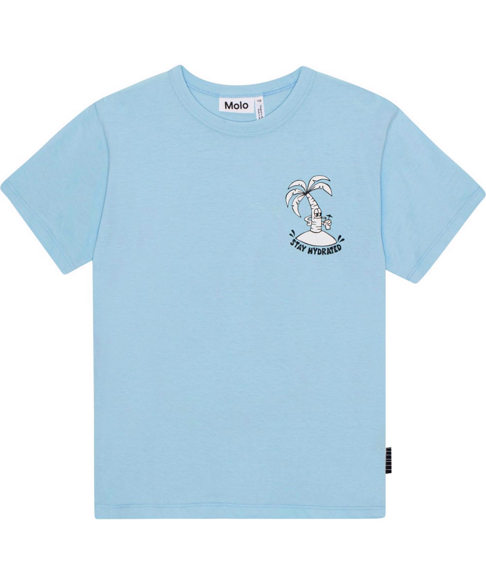 Riley - Stay Hydrated - Lyseblå økologisk t-shirt med tegnet palmeprint