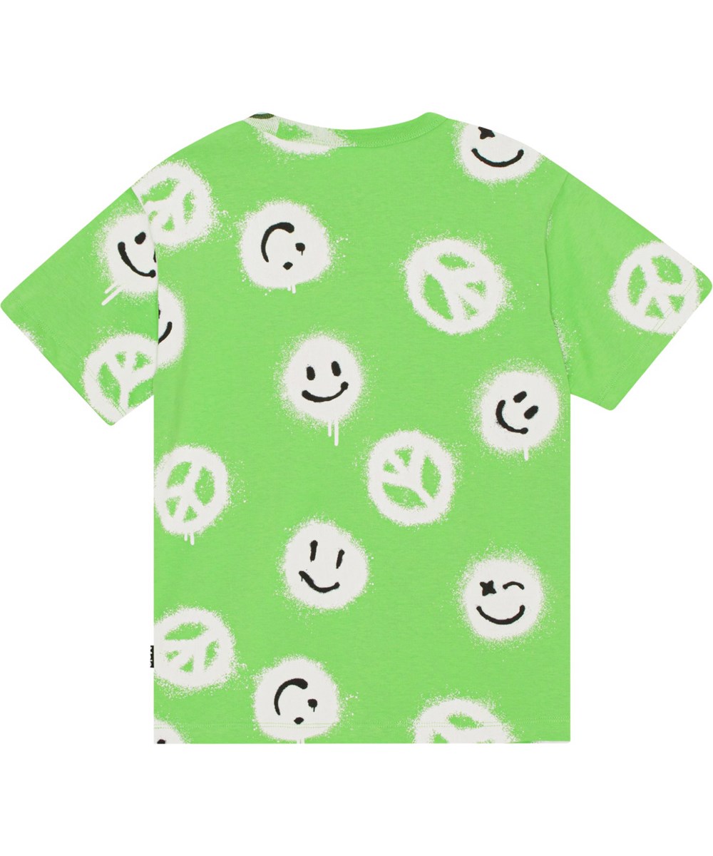Riley - Vert Easy Peacy - Grøn økologisk t-shirt i alloverprint med smilende ansigter og peacetegn