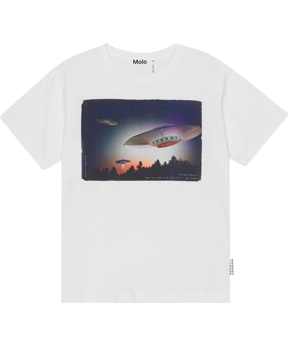 Riley - Visitors - Hvid økologisk t-shirt med placeret UFO-print