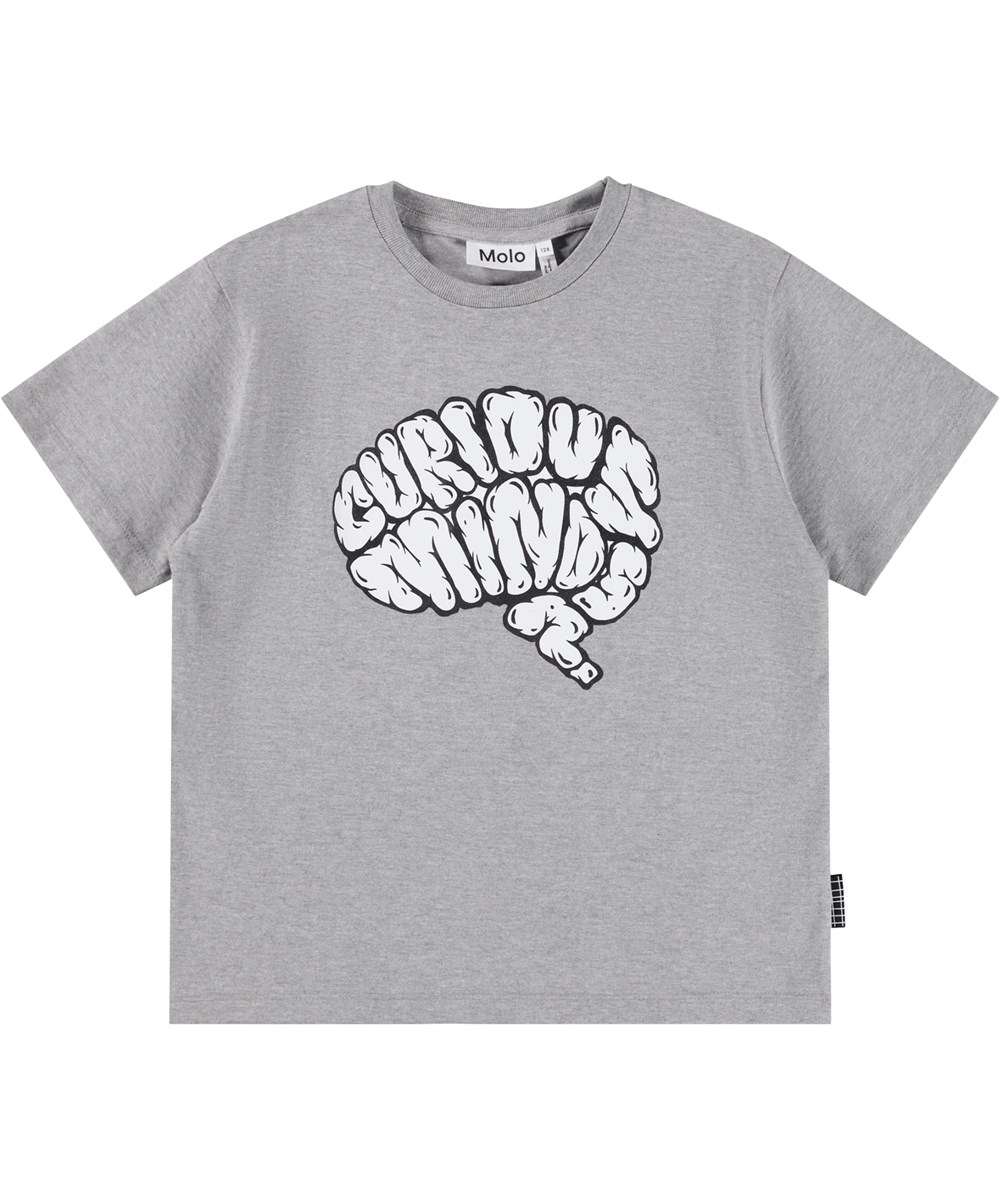 Riley - Grey Melange - Gråmeleret t-shirt til børn med print i blødt økologisk bomuld med korte ærmer og ribkant i halsen.