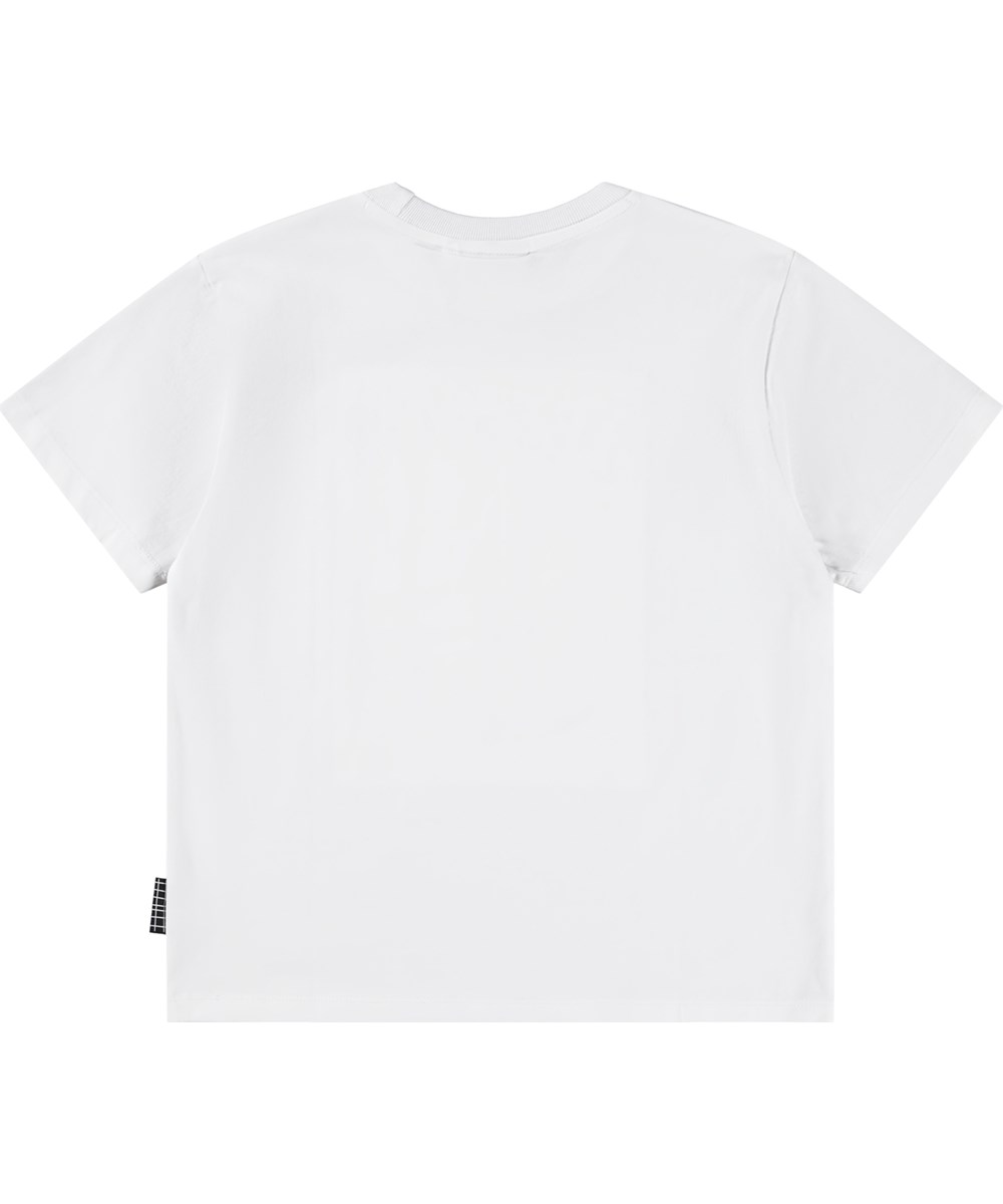 Riley - Yellow Skate - Hvid t-shirt til børn med print i blødt økologisk bomuld med korte ærmer og ribkant i halsen.