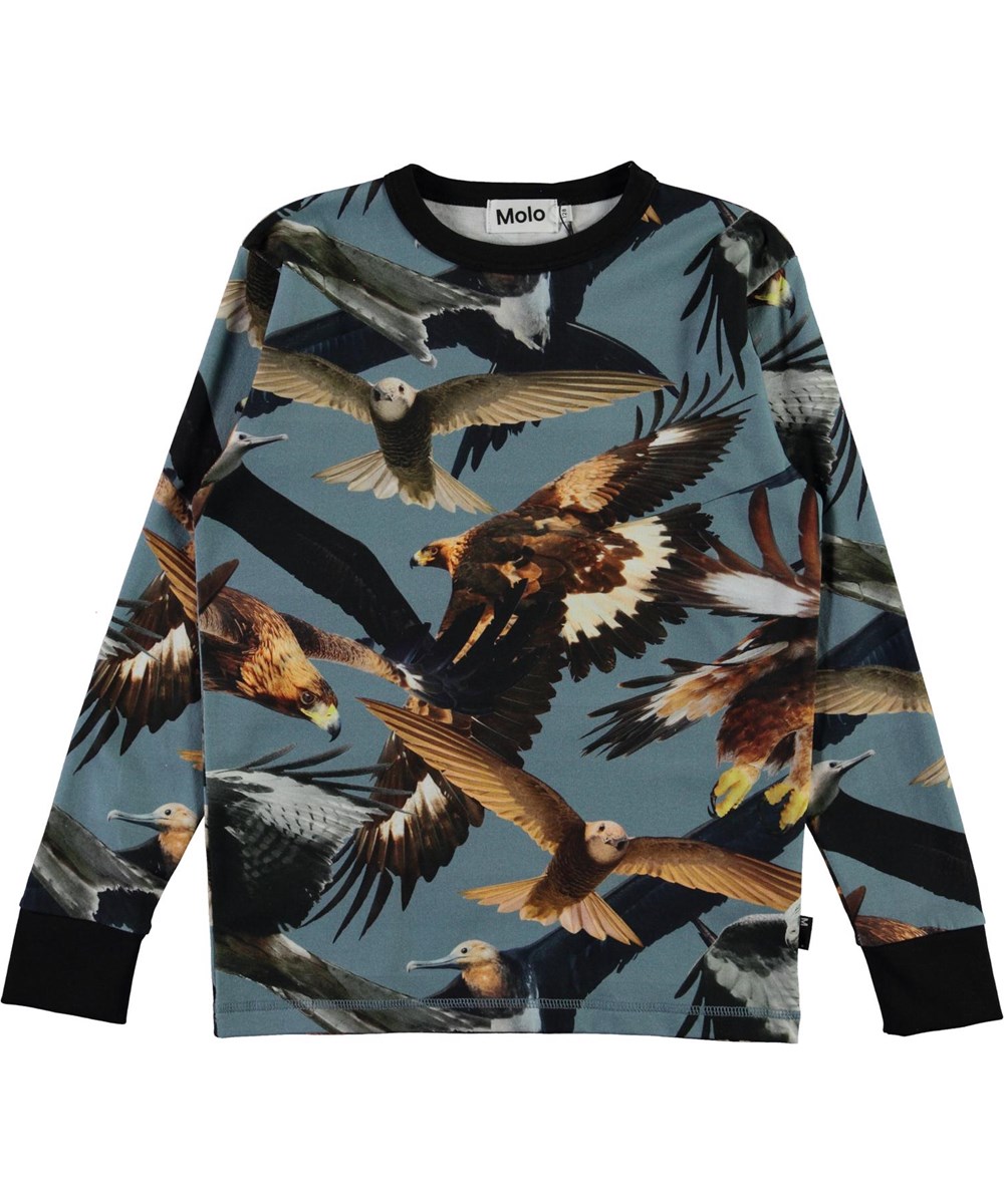 Rill - Birds - Økologisk blå langsærmet t-shirt med fugle print