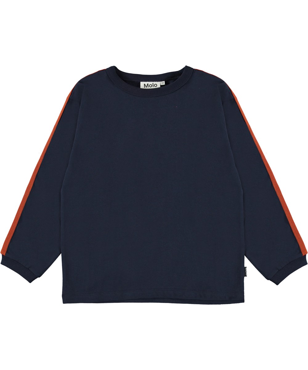 Rinny - Galaxy Blue - Økologisk mørkeblå bluse med striber på ærmerne