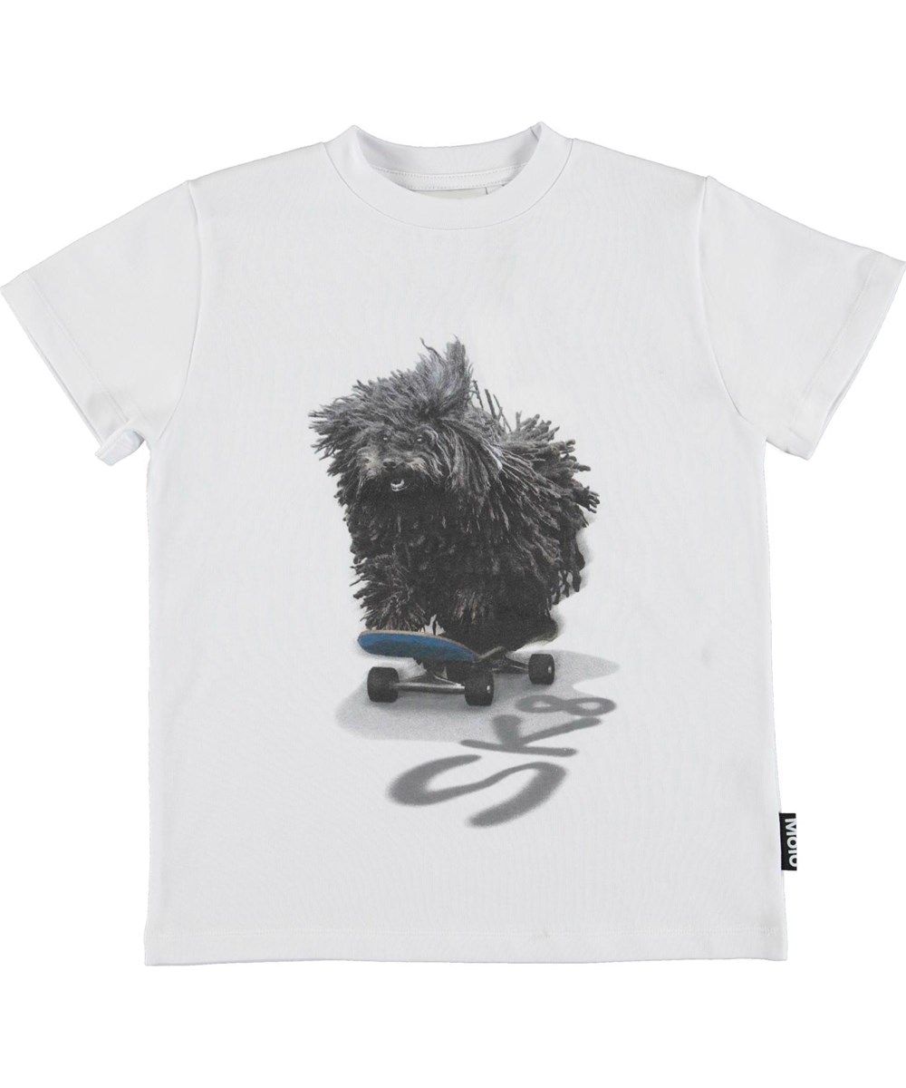 Road - Dog On A Roll - Hvid t-shirt med hund på skateboard print.
