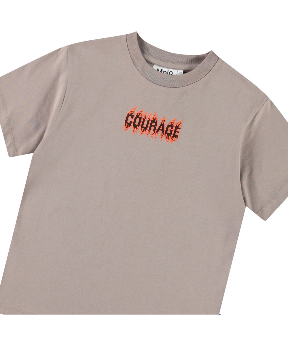 Rodney - Cinder Rock - Lysebrun t-shirt med print til børn i økologisk bomuld med korte ærmer og ribkant i hals.