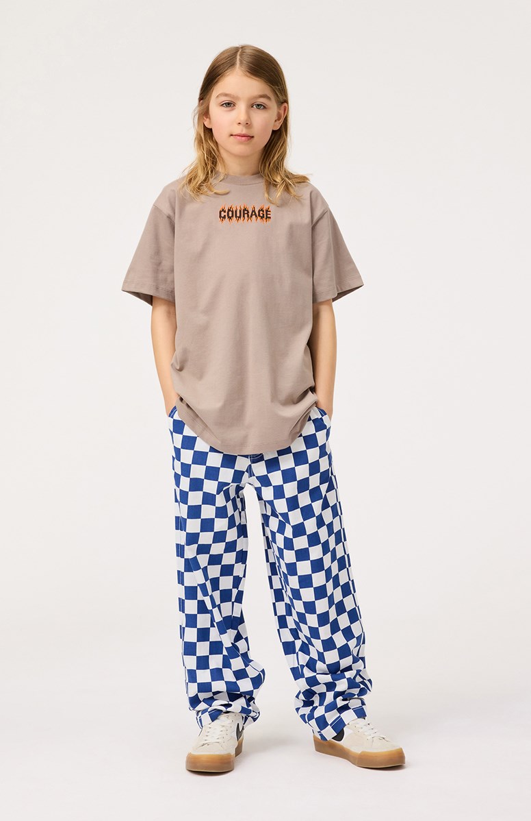 Rodney - Cinder Rock - Lysebrun t-shirt med print til børn i økologisk bomuld med korte ærmer og ribkant i hals.