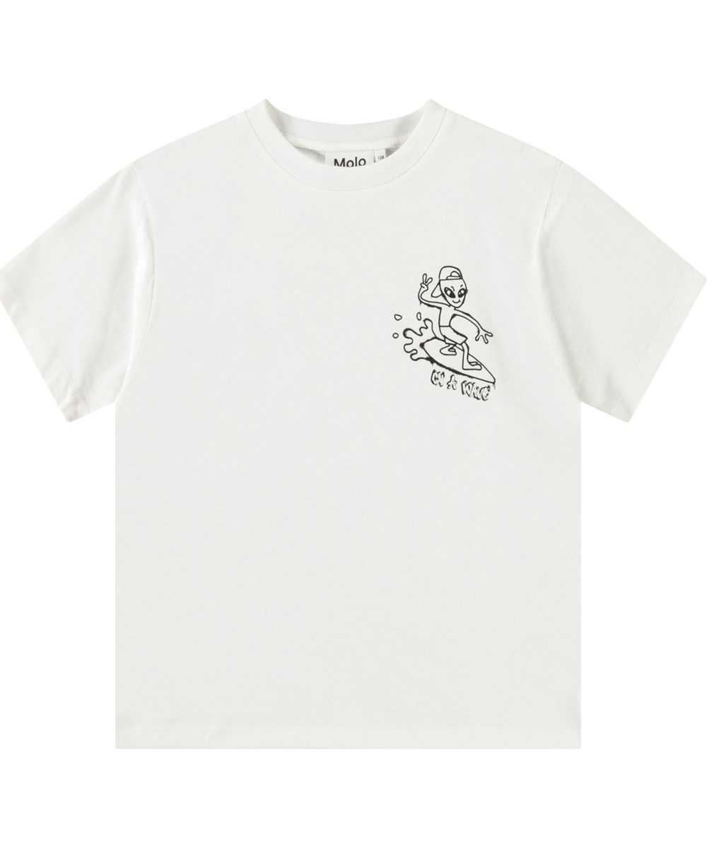 Rodney - On A Wave - Hvid t-shirt med print til børn i økologisk bomuld med korte ærmer og ribkant i hals.
